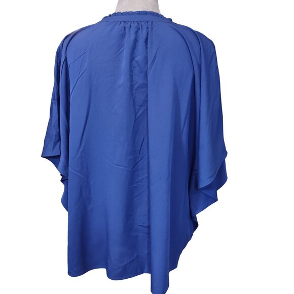 C Wonder Batwing Blouse Blue Tassle Tie Pleated Neckline Top Lightweight Size XL - Picture 2 of 9
